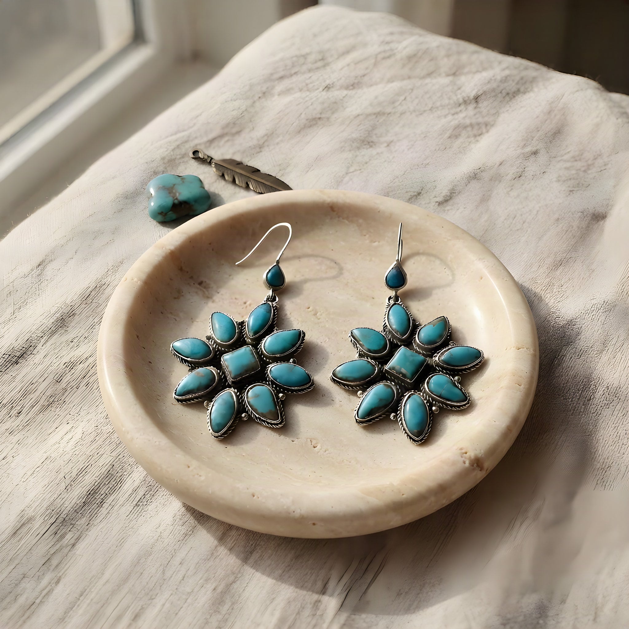 Chunky Boho Turquoise Gemstone Earrings, linen flat lay scene