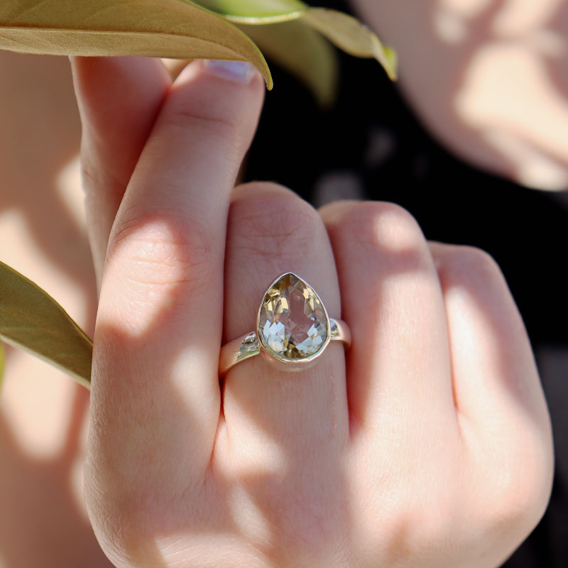 lemon quartz teardrop silver gemstone ring