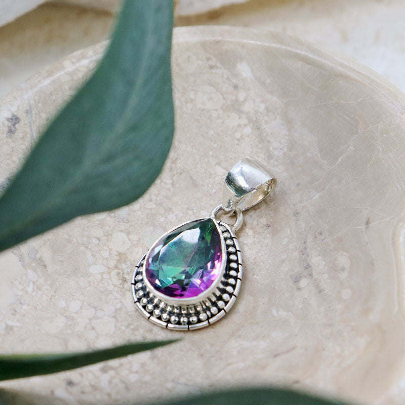 mystic topaz teardrop silver gemstone pendant