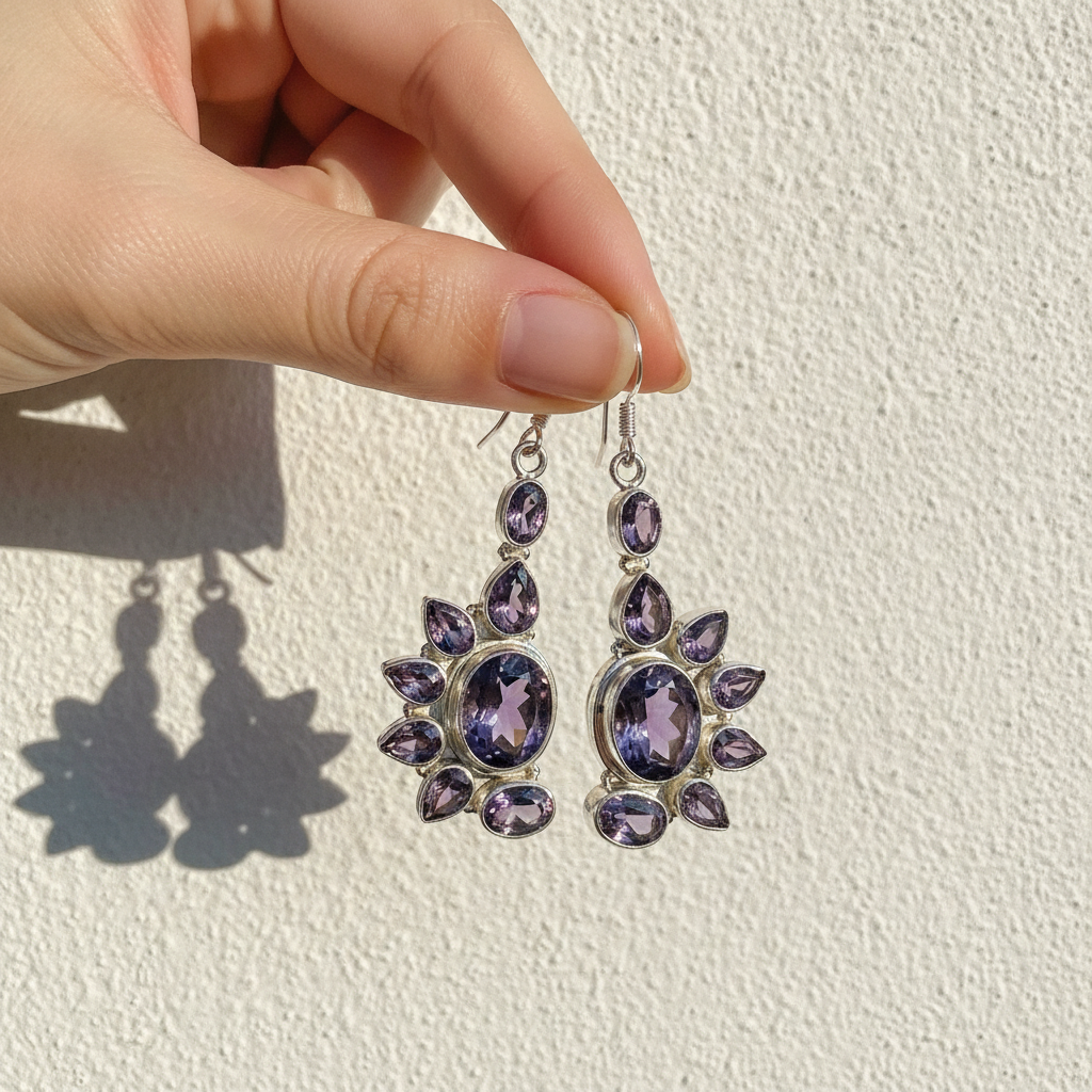 Amethyst Boho Drop Silver Earrings
