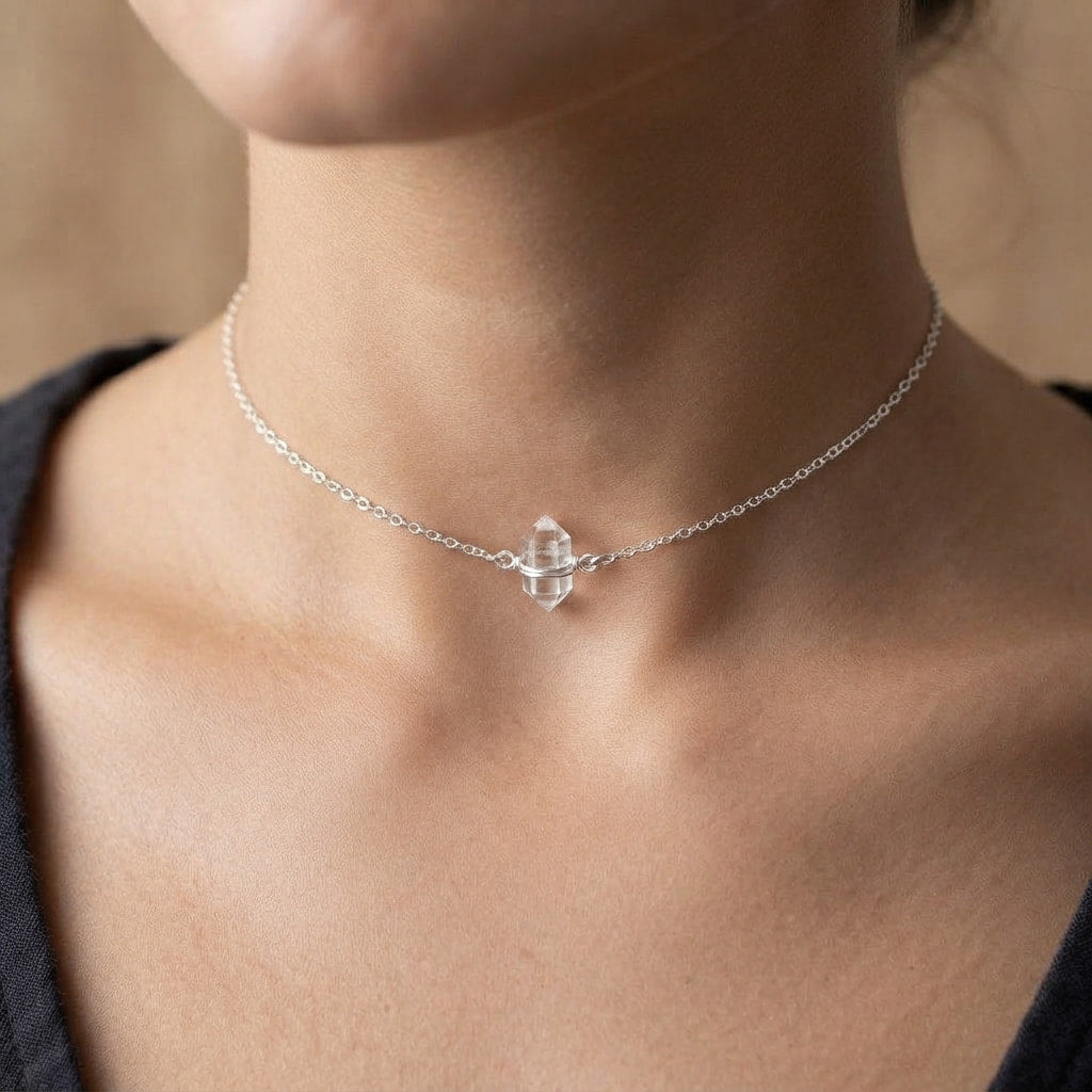 Mini Cleaclear quartz gemstone sterling silver choker necklacer Quartz Choker Necklace