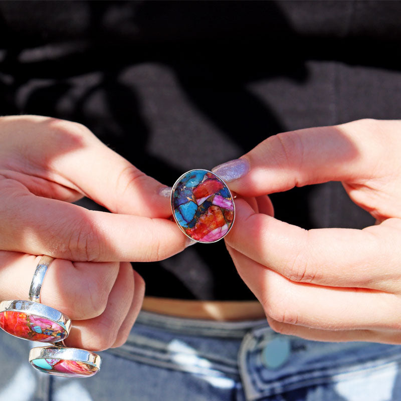 pink dahlia turquoise copper silver gemstone ring