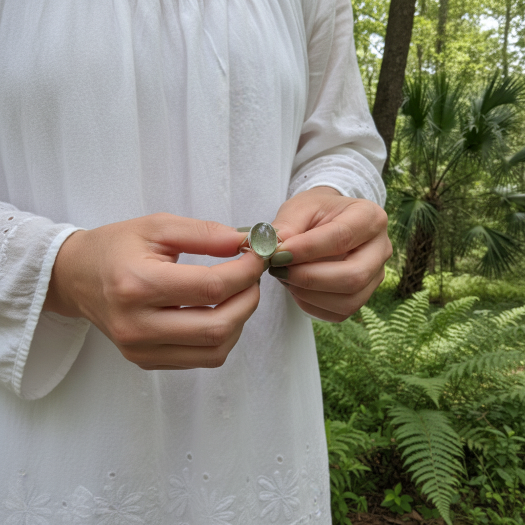 oval prehnite sterling silver gemstone ring