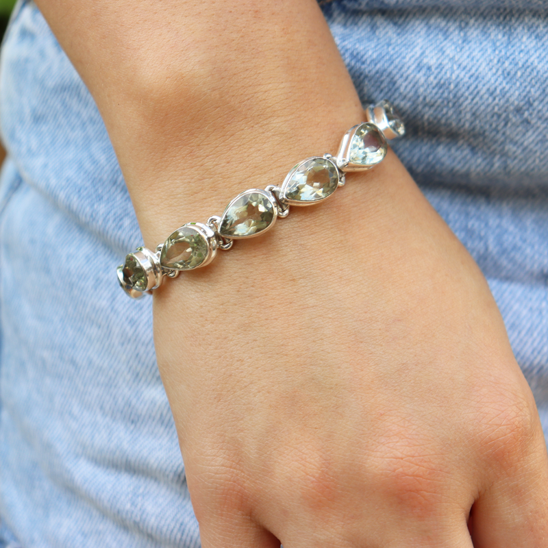 teardrop green amethyst sterling silver bracelet