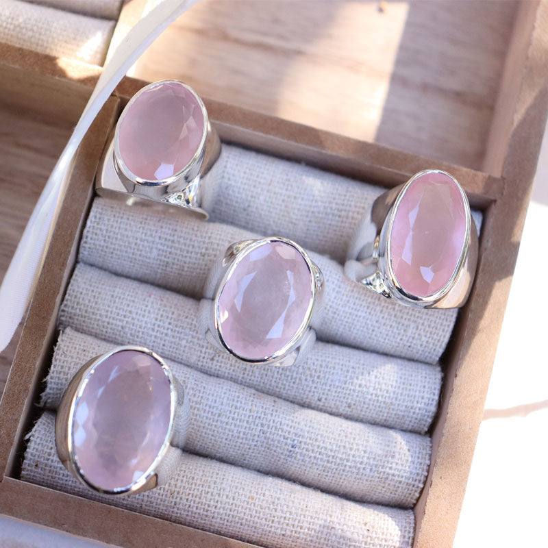 large rose quartz sterling silver gemstone ring