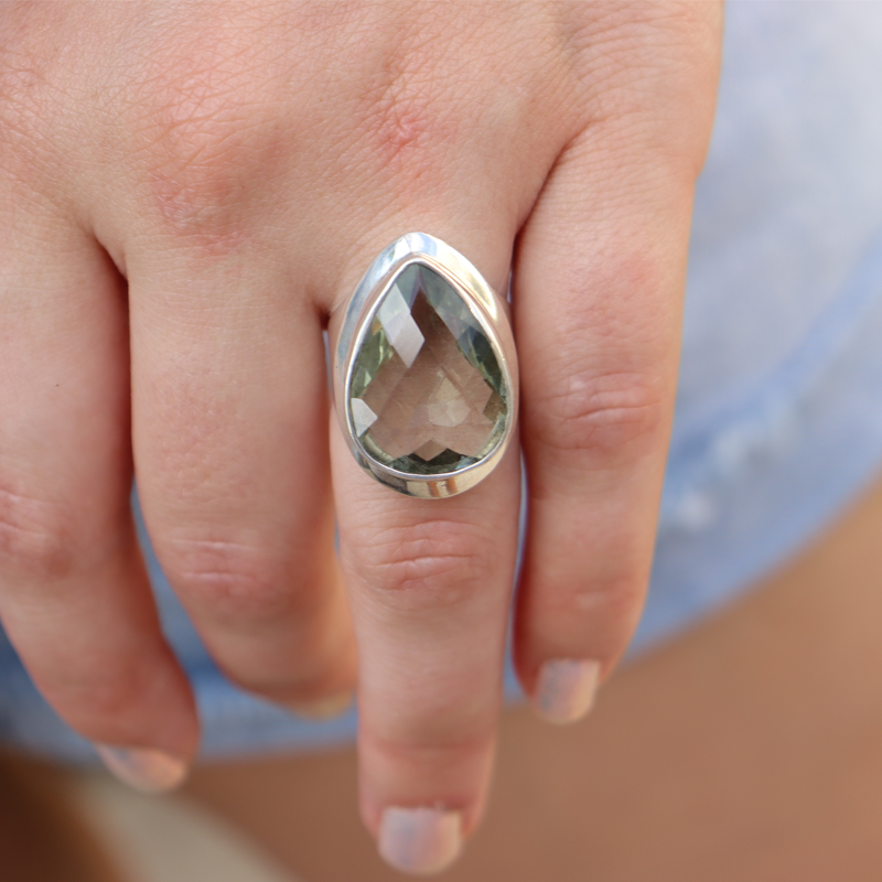 green amethyst sterling silver teardrop ring