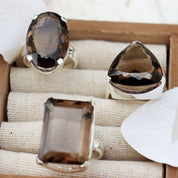 teardrop smoky quartz silver gemstone ring