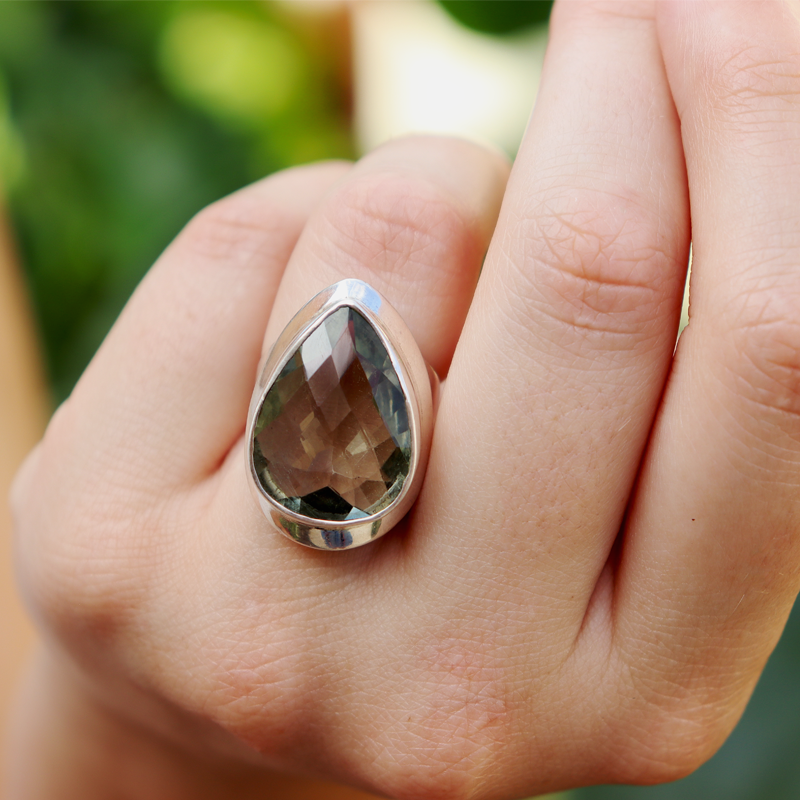 green amethyst sterling silver teardrop ring