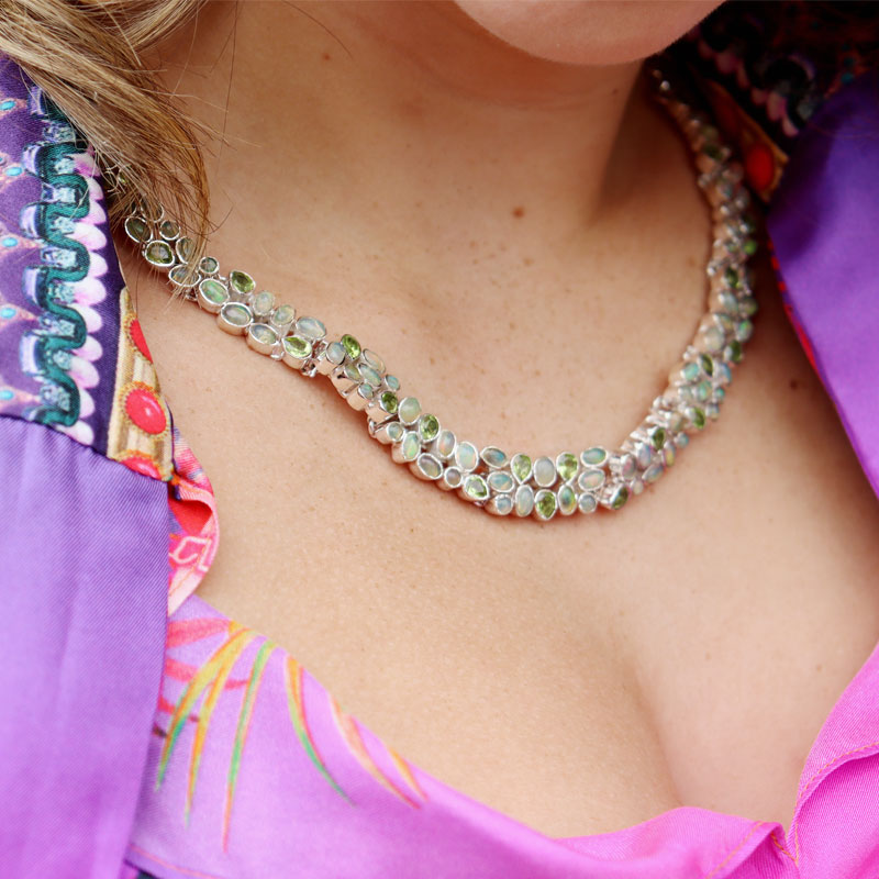opal peridot silver gemstone necklace