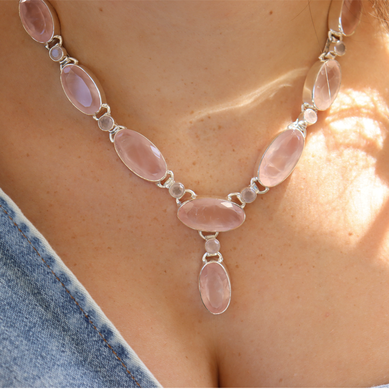 rose quartz sterling silver gemstone necklace