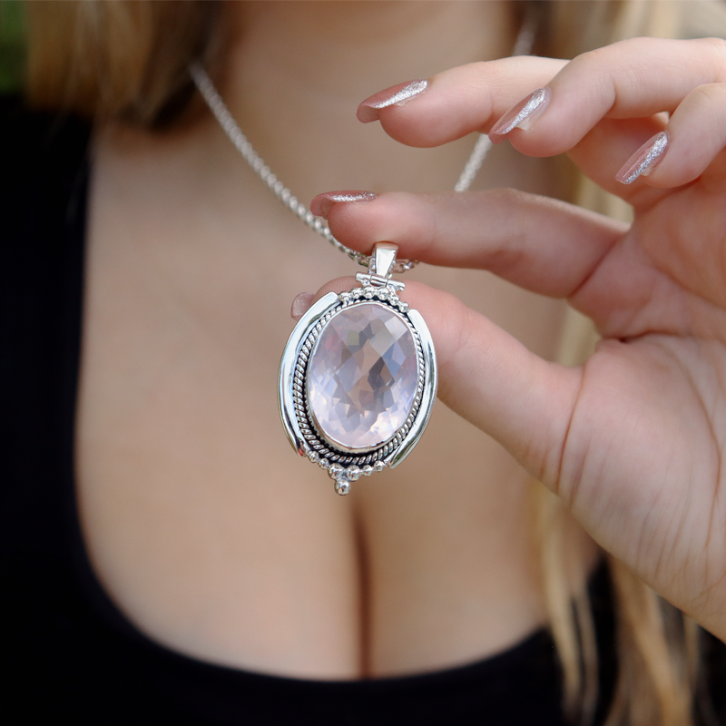 rose quartz bohemian style sterling silver pendant