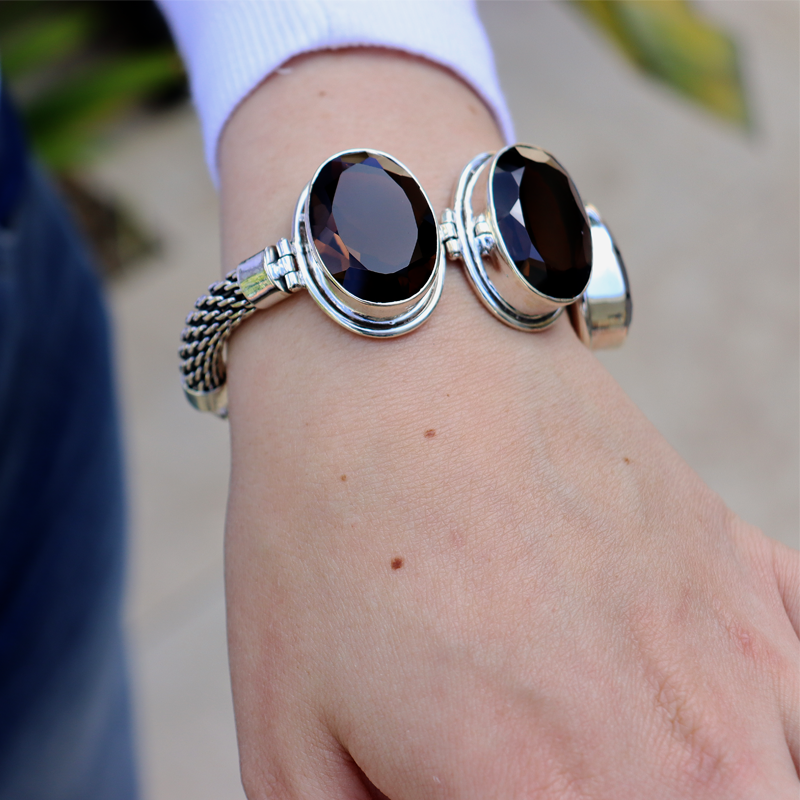 chunky smoky quartz sterling silver gemstone bracelet