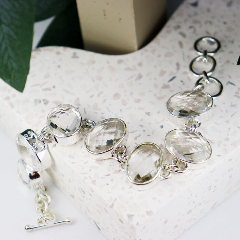 clear quartz silver oval gemstone bracelet