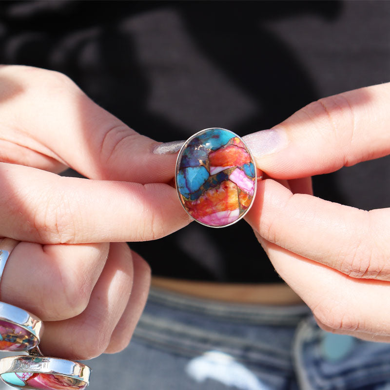 pink dahlia turquoise copper silver gemstone ring