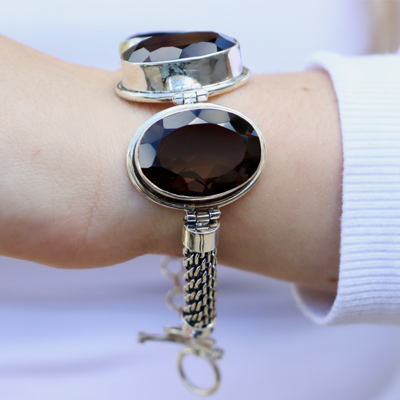 chunky smoky quartz sterling silver gemstone bracelet
