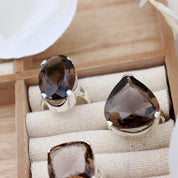 teardrop smoky quartz silver gemstone ring