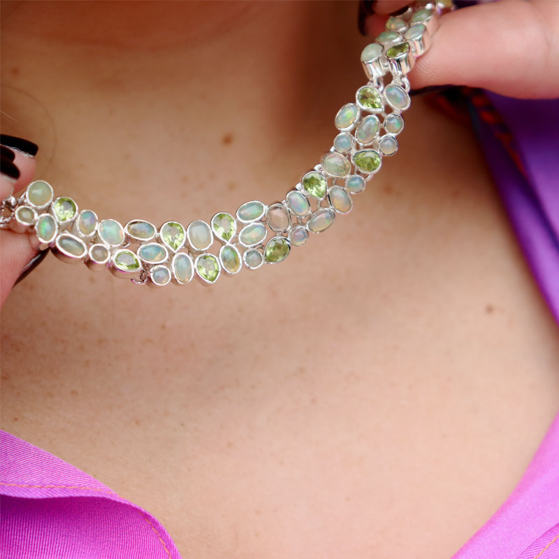 opal peridot silver gemstone necklace