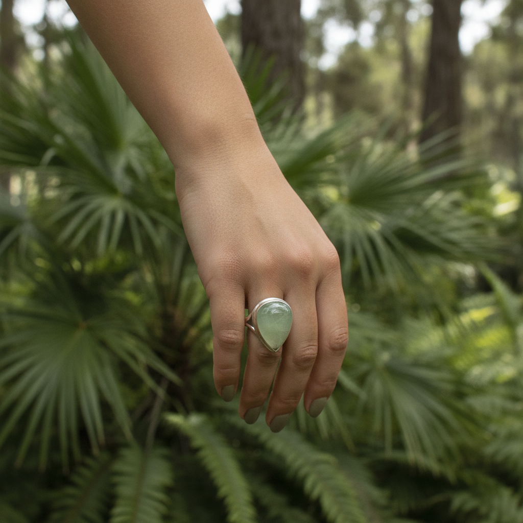 teardrop prehnite sterling silver gemstone ring