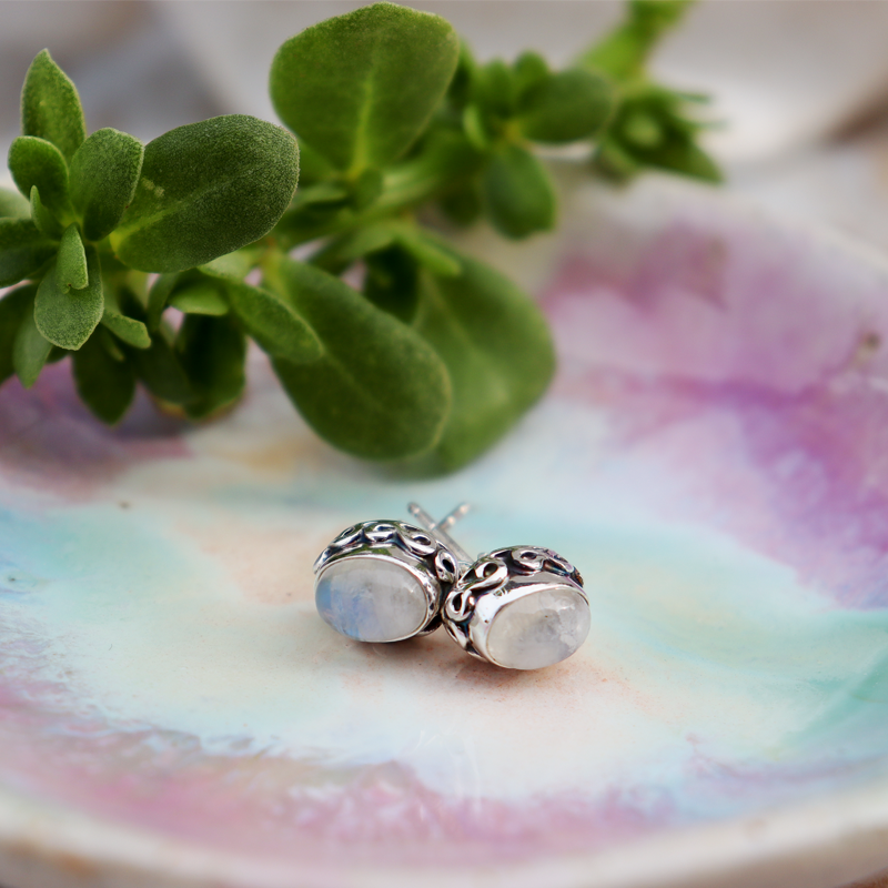 moonstone oval sterling silver gemstone stud earrings