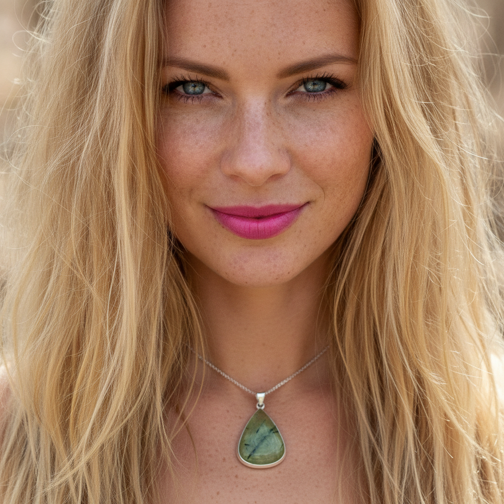 teardrop prehnite sterling silver gemstone pendant