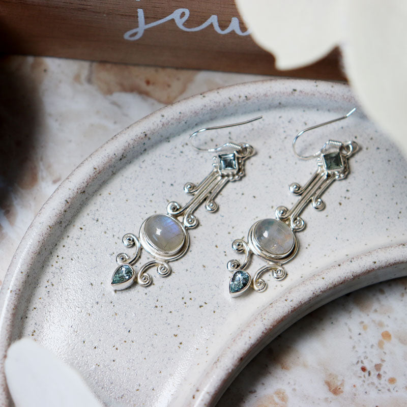 moonstone blue topaz sterling silver drop earrings