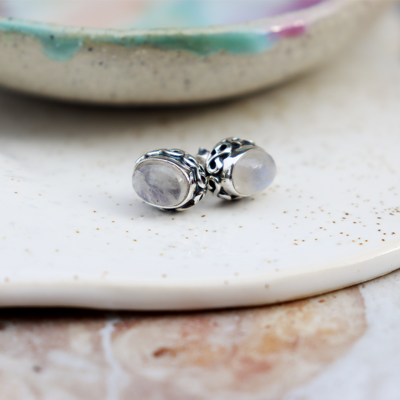 moonstone oval sterling silver gemstone stud earrings