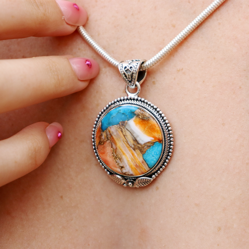 oyster turquoise round sterling silver pendant