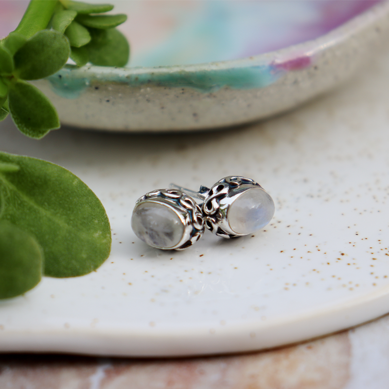 moonstone oval sterling silver gemstone stud earrings