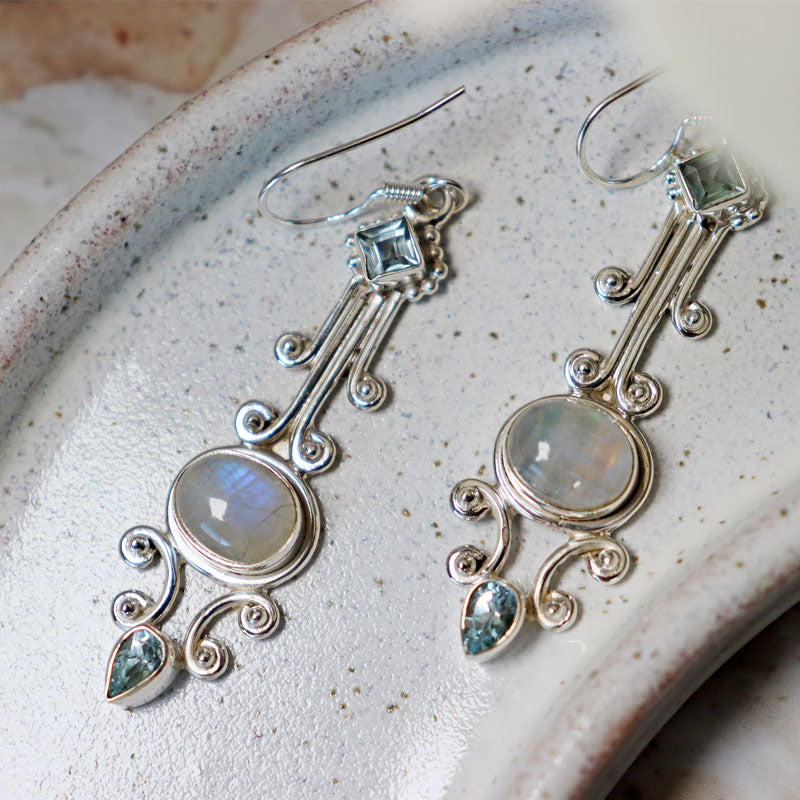 moonstone blue topaz sterling silver drop earrings
