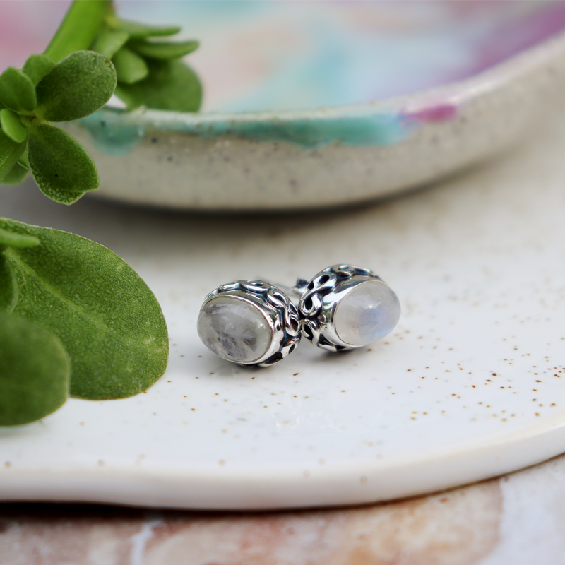 moonstone oval sterling silver gemstone stud earrings