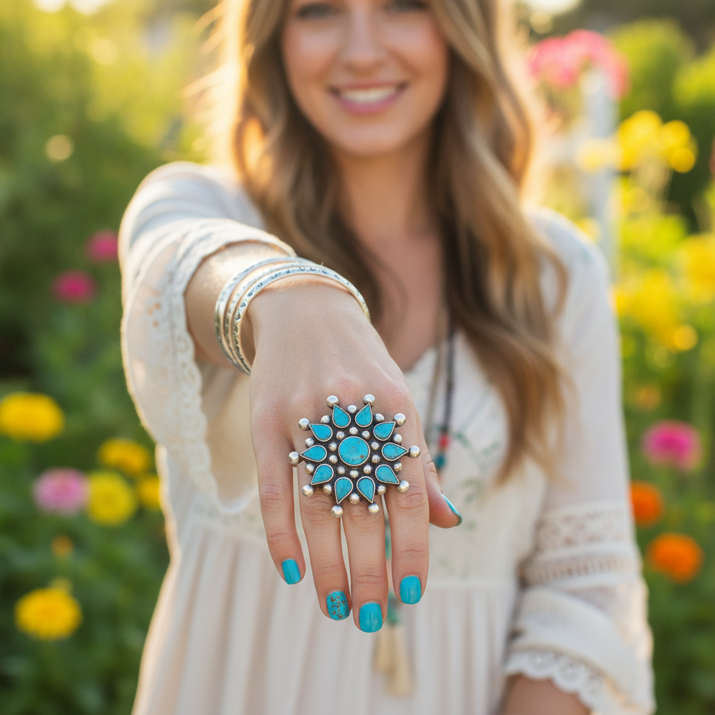 large flower turquoise sterling silver gemstone ring