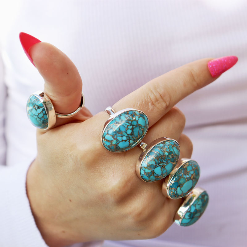 oval copper turquoise silver gemstone ring