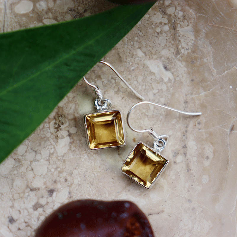 citrine emerald cut sterling silver gemstone earrings