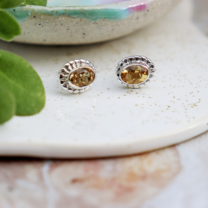 lemon quartz oval stud gemstone sterling silver earrings