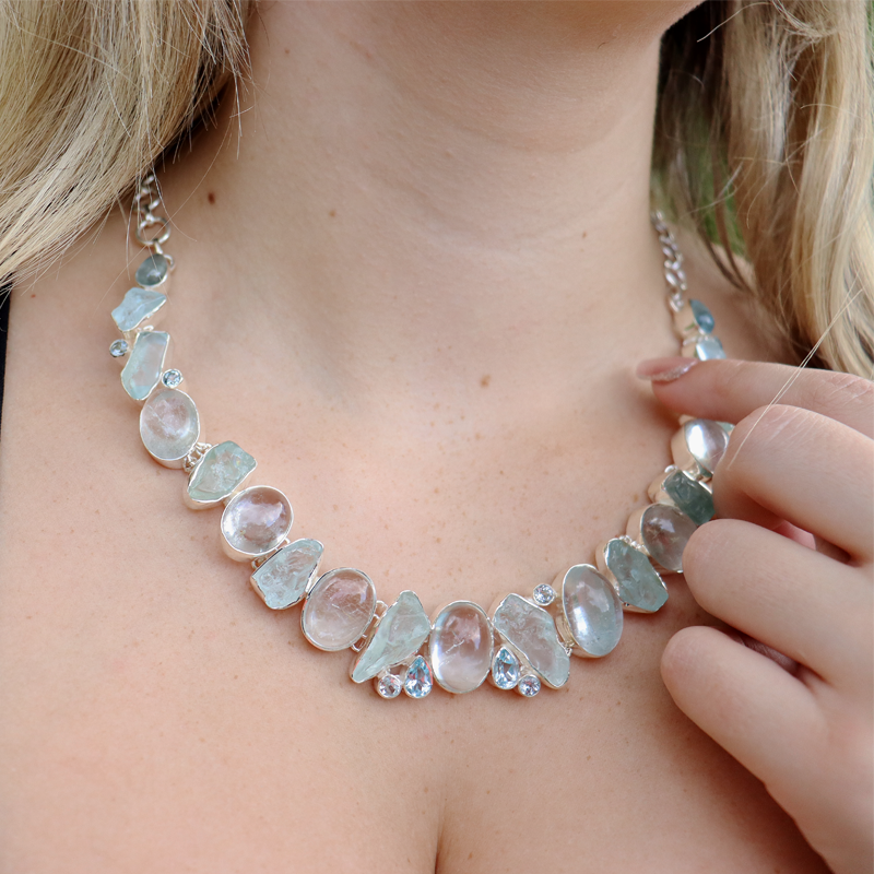 aquamarine blue topaz gemstone sterling silver necklace