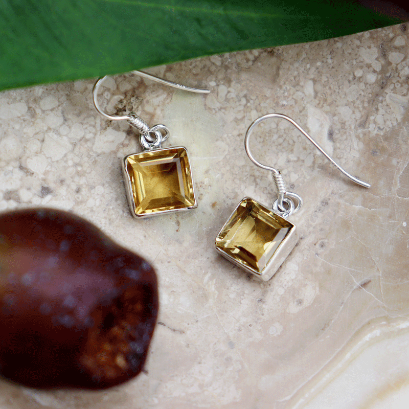 citrine emerald cut sterling silver gemstone earrings