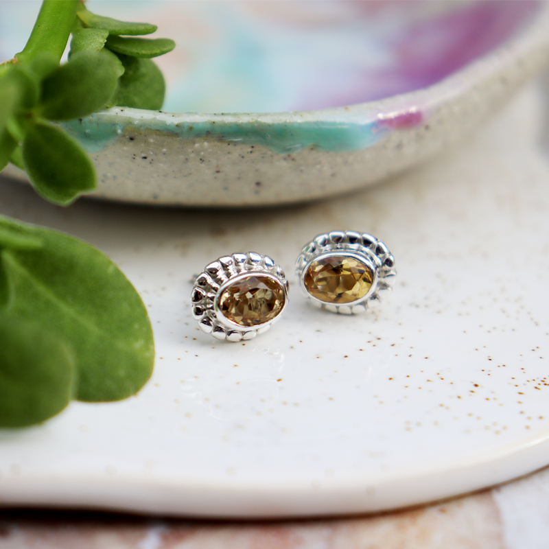 lemon quartz oval stud gemstone sterling silver earrings