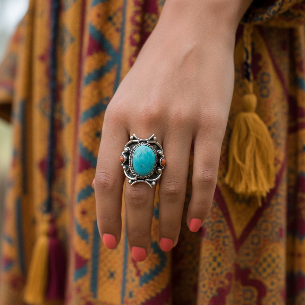 turquoise coral sterling silver ring