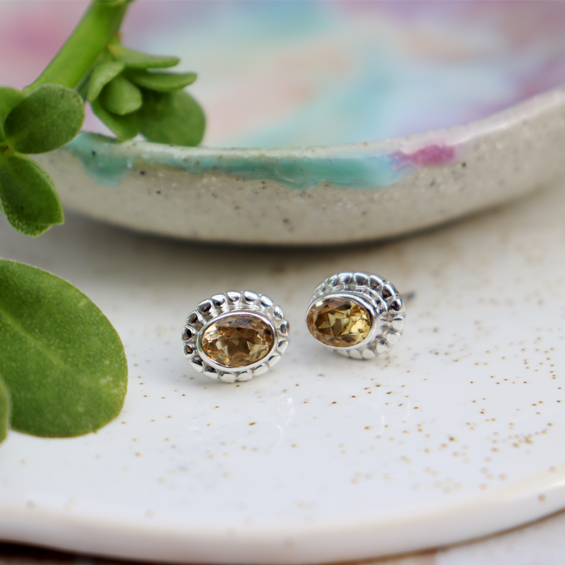 lemon quartz oval stud gemstone sterling silver earrings