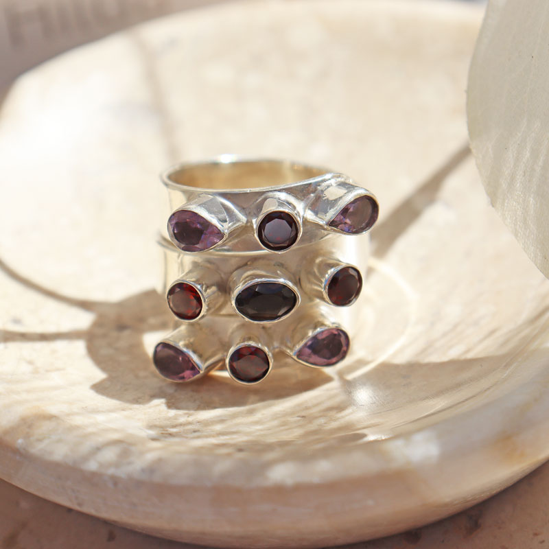 garnet amethyst smoky quartz sterling silver ring