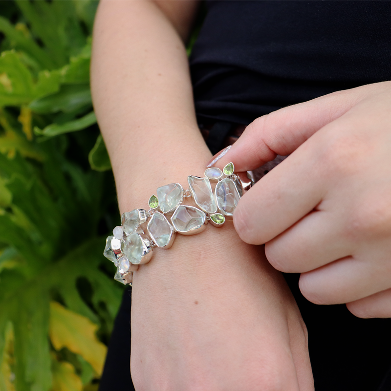 aquamarine peridot moonstone gemstone sterling silver bracelet