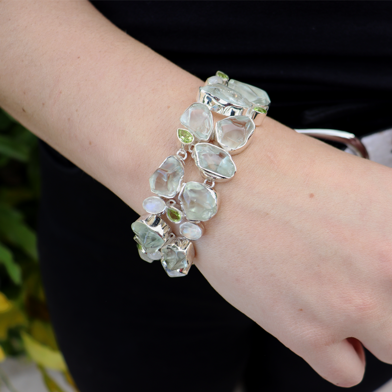 aquamarine peridot moonstone gemstone sterling silver bracelet