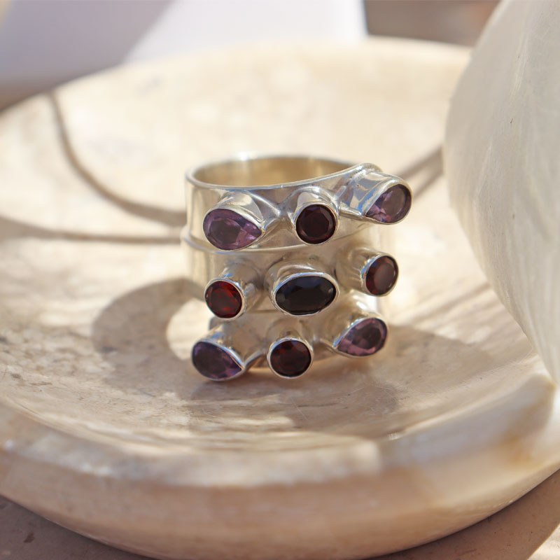 garnet amethyst smoky quartz sterling silver ring