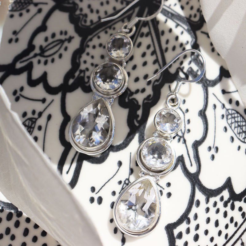 clear quartz triple drop sterling silver earrings