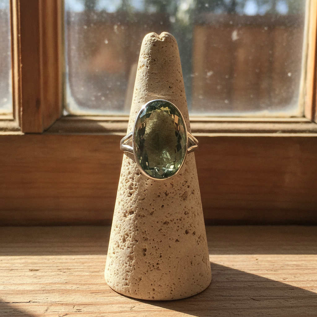 green amethyst oval silver gemstone ring