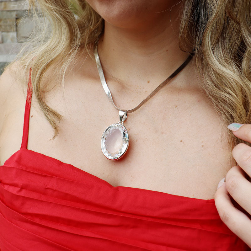 large oval clear quartz sterling silver pendant
