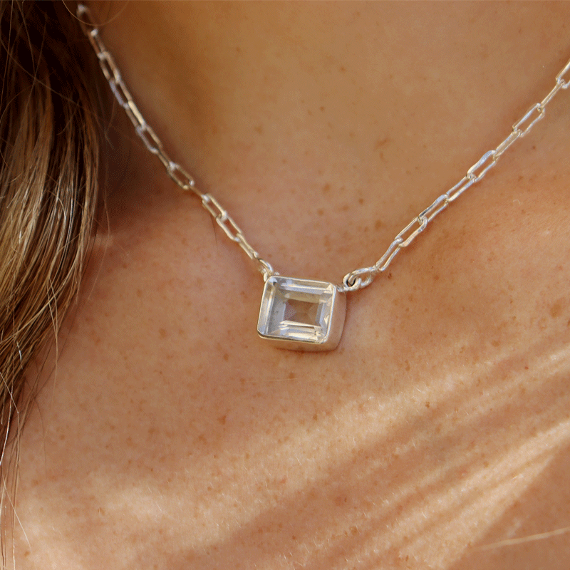 clear quartz emerald cut sterling silver gemstone necklace