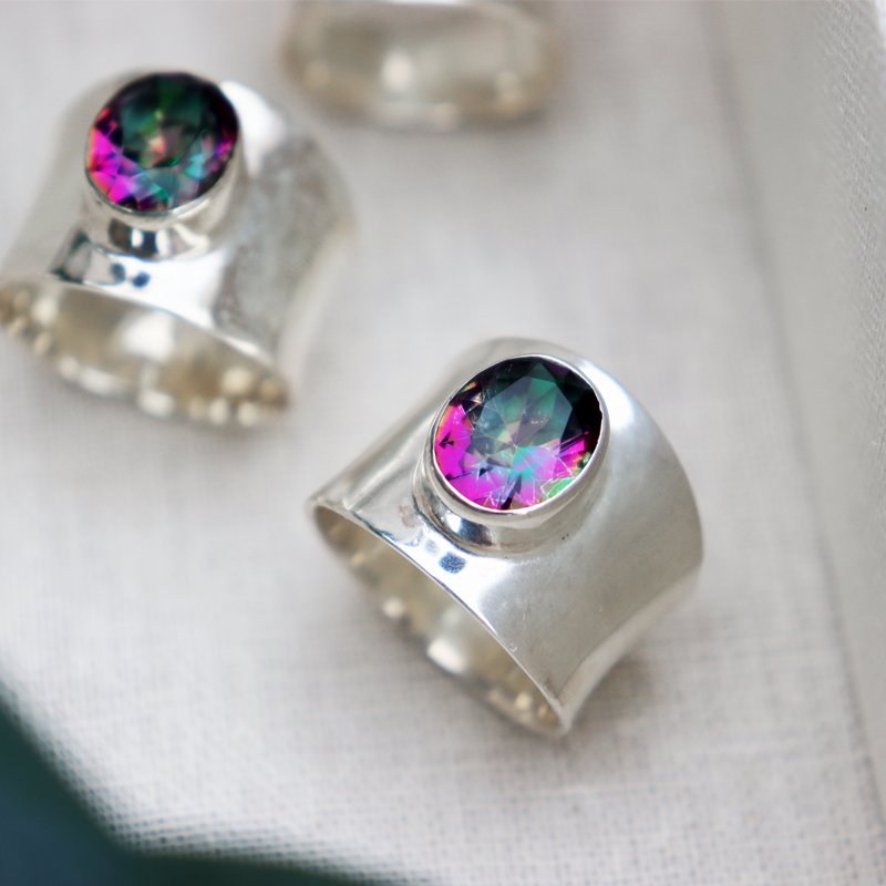 mystic topaz silver gemstone ring