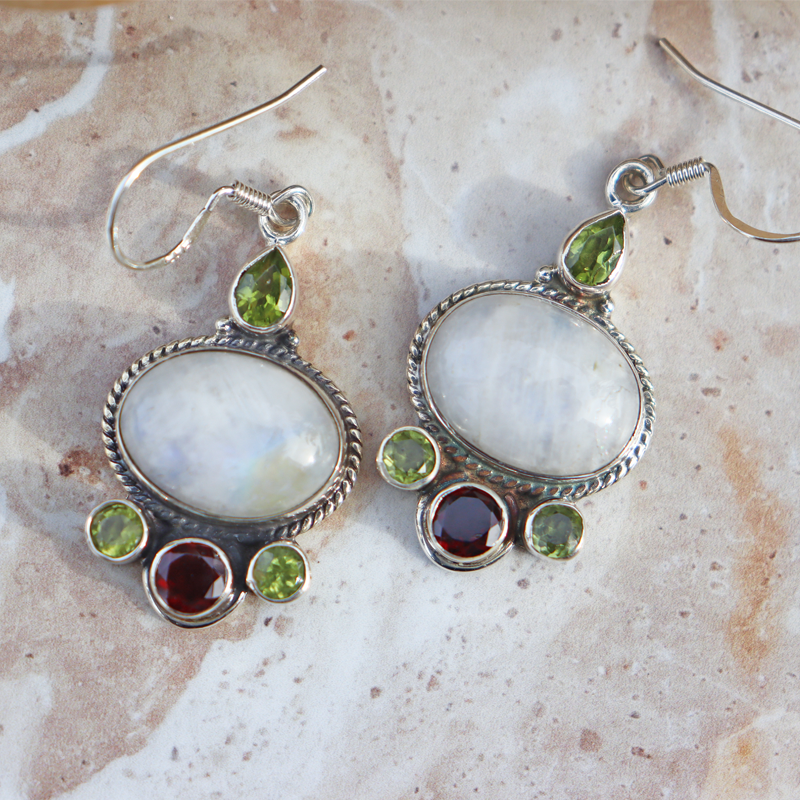 moonstone peridot garnet sterling silver gemstone earrings