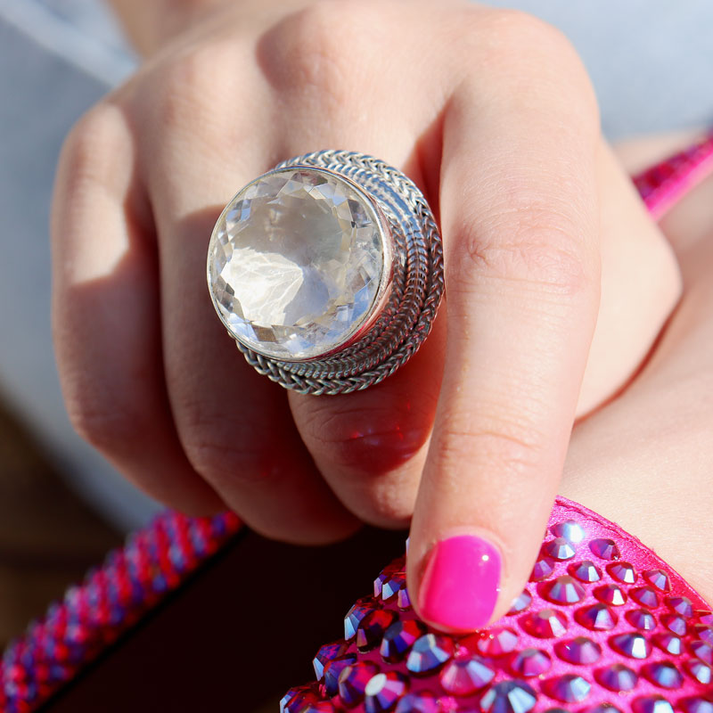 clear quartz large statement silver gemstone ring